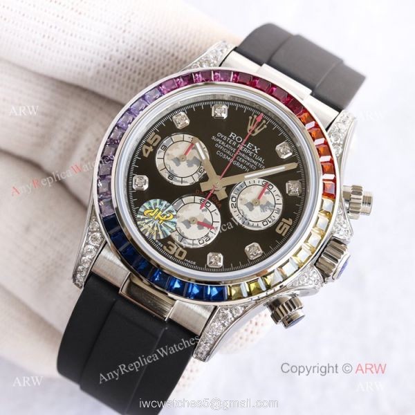 Swiss Replica Rolex Rainbow Daytona Black Face With Diamonds Oysterflex Strap Watch 2