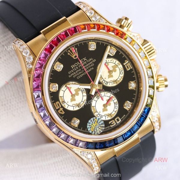 New Gold Rolex Daytona Rainbow Diamond Bezel Black Dial With Diamonds Watch Replica 2