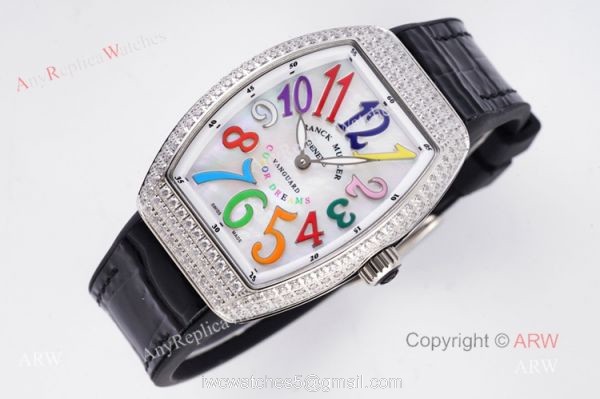 Best Replica Franck Muller Vanguard Diamond Watch For Women With Black Leather Strap 2