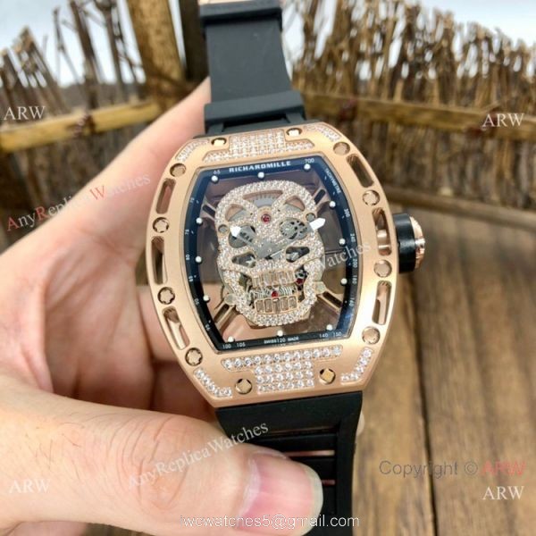 New Replica Richard Mille Skull RM52-01 Rose Gold White Rubber Strap Watch 2