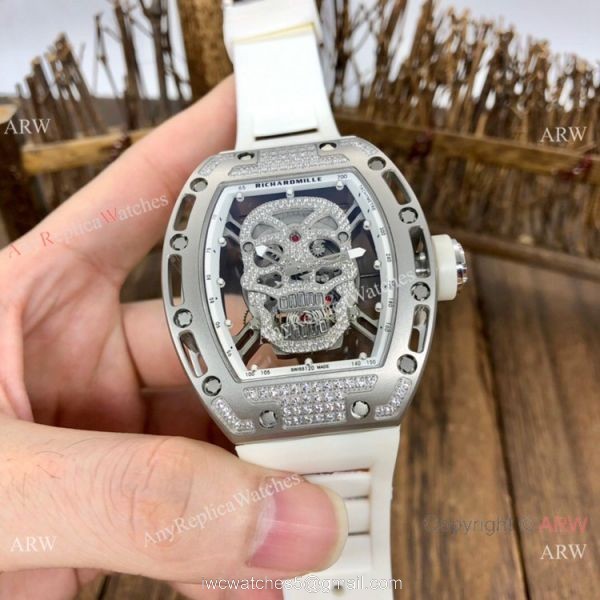 Luxury Replica Richard Mille Diamond Skull RM52-01 Watches Black Rubber Strap 2