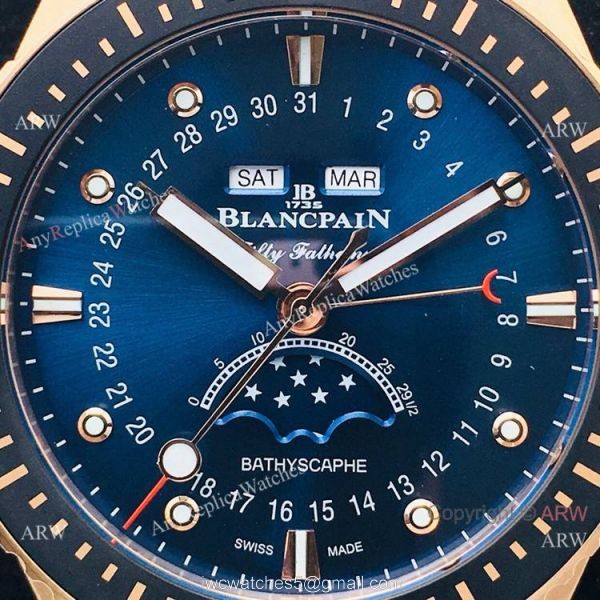 2020 New! Swiss Blancpain Bathyscaphe Moonphase Watch Rose Gold Blue Dial 2