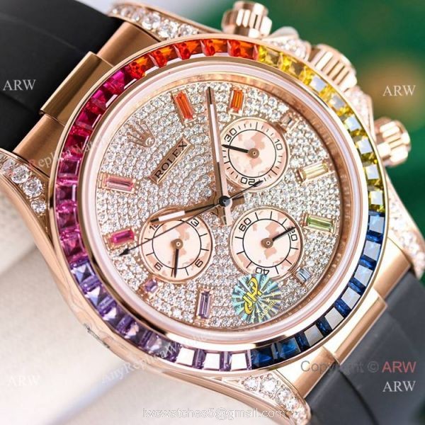Swiss 7750 Rolex Rainbow Daytona Rose Gold Diamond Dial Rubber Strap Watch 40mm 2