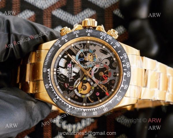Best Replica Rolex Daytona Skeleton Montoya Yellow Gold Swiss 4130 Carbon Watch 2