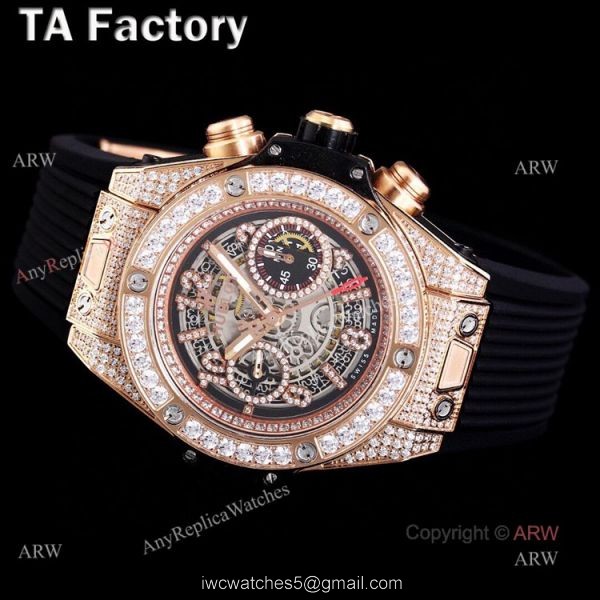 Swiss Quality Hublot Big Bang Rose Gold Black Rubber Strap Full Diamonds Watches Replica 2