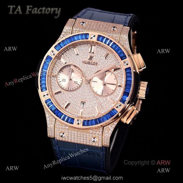 Hublot Big Bang Rose Gold Diamonds Swiss Replica Watches With Blue Diamond Bezel 2
