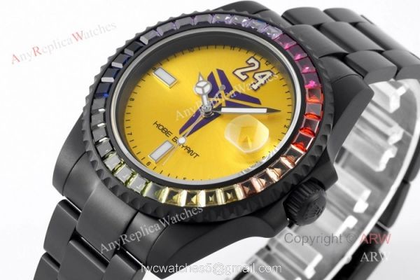 Swiss Replica Blaken Rolex Kobe Bryant Rainbow Diamond Bezel Yellow Dial Watch For Men 2