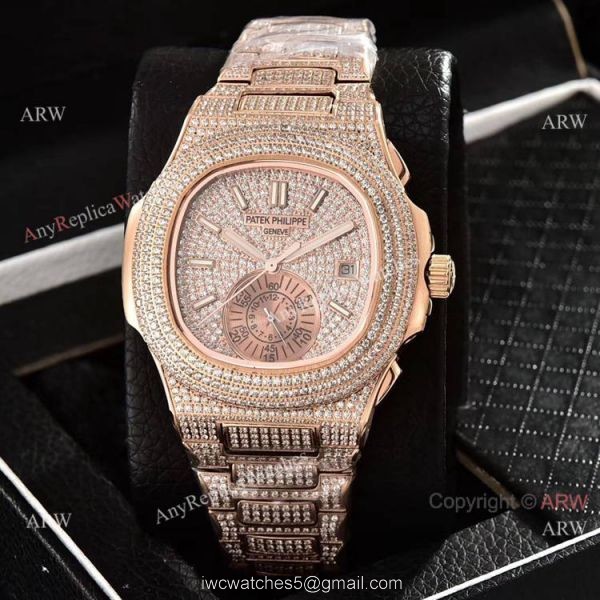 Luxury Copy Patek Philippe Nautilus Yellow Gold Full Diamond Watches 2