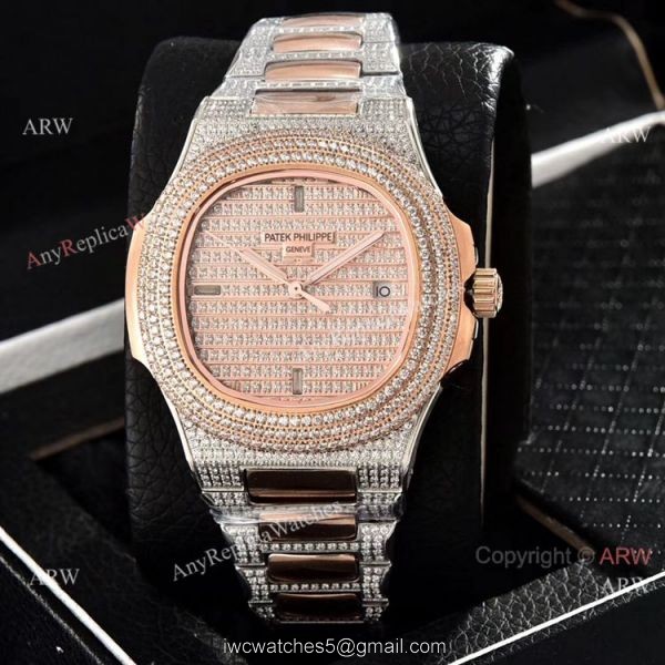 Luxury Patek Philippe Nautilus Full Diamond Automatic Watches Rose Gold Case 2