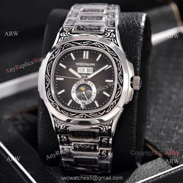 Copy Patek Philippe Nautilus Annual Calendar Watches Silver Dial Engraving Case 2