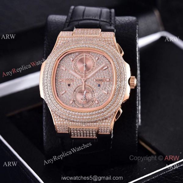 Copy Patek Philippe Nautilus Chrono Watches Full Diamonds Leather Strap 2