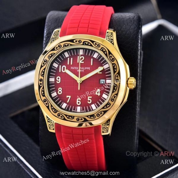 Clone Patek Philippe Aquanaut Engraving Watches Gold and Brown Rubber Strap 2