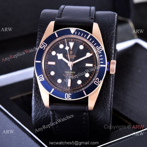 Copy Tudor Heritage Black Bay Watches Rose Gold Black Leather Strap 41mm 2
