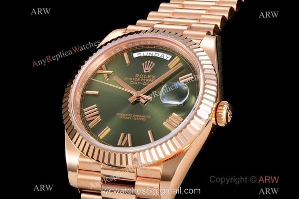 (GM) Swiss Replica Rolex Day-Date 40mm Watch Olive Green Dial Rose Gold 2