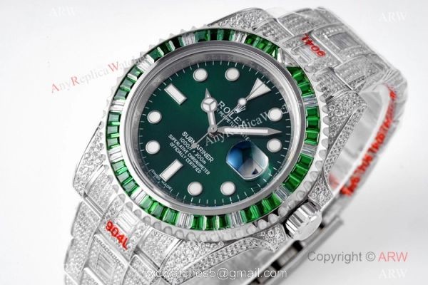 Swiss Grade Clone Rolex Iced Out Submariner Watch Swiss 3135 Green Dial 2