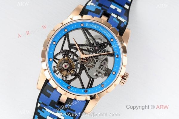 2021 New! BBR Factory Roger Dubuis Excalibur Skeleton Flying Tourbillon Watch Rose Gold Blue Rubber Strap 2