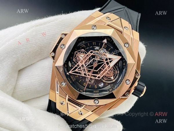 Replica Rose Gold Hublot Big Bang Sang Bleu 45 Watch Asia 7750 With Black Rubber Band 2