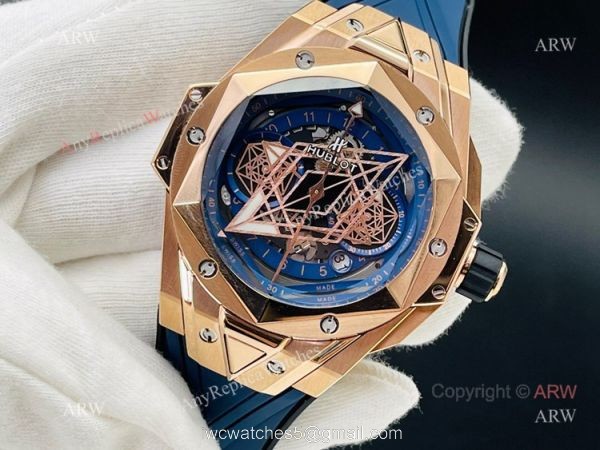 Replica Hublot Big Bang Watch Hublot Sang Bleu 45mm Rose Gold Blue Rubber Straps 2