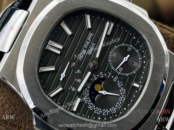 (PF Factory) Swiss Replica Patek Philippe Nautilus Moonphase Watch Black Dial Black Leather Strap 2