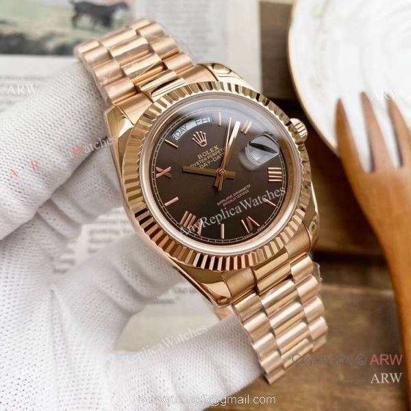 Copy Rolex Day Date 40mm Watches Black Dial Rose Gold Presidential Strap 2