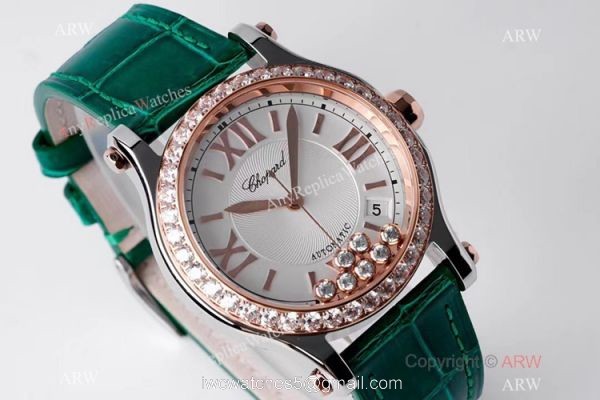 AF Factory Chopard Happy Sport 36mm Watch Rose Gold Bezel Green Leather Strap 2