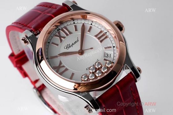 AF Factory 1:1 Replica Chopard Happy Sport 36mm Watch Rose Gold Bezel Red Leather Strap 2