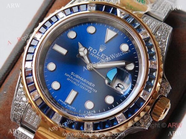 (ROF) AAA Replica Rolex Submariner Custom Luxury Watch Two Tone Royal blue Dial with Diamonds 2