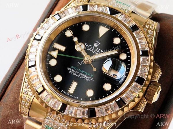 (ROF) AAA Swiss Rolex GMT-Master II Custom Watch Black Diamond Bezel All Gold 40mm 2