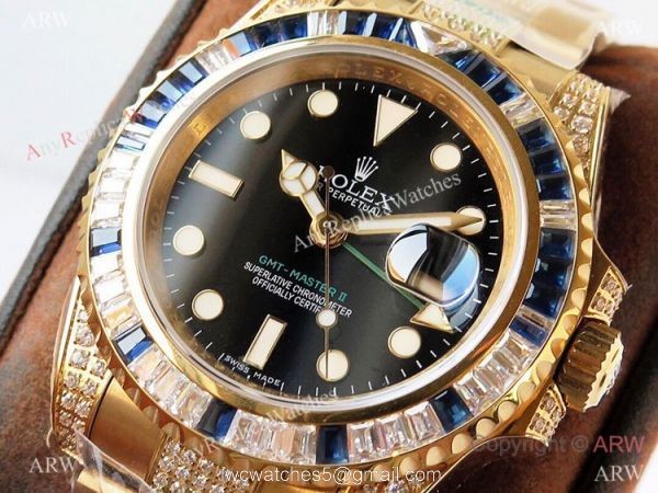 (ROF) Swiss Rolex GMT-master II Custom Luxury Watch Yellow Gold Diamond Band 2