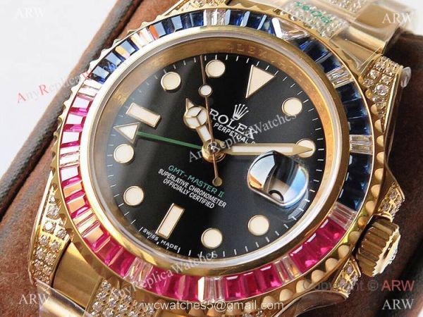 (ROF) AAA Swiss Rolex GMT-Master II Yellow Gold Rainbow Bezel Custom Luxury Watch 2