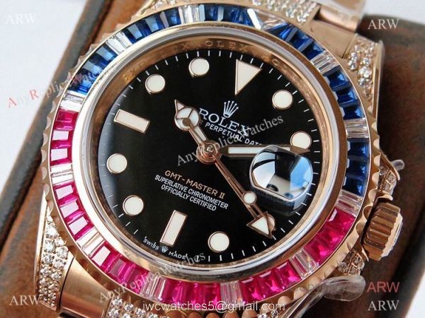 (ROF) Swiss Copy Rolex GMT-Master II Rose Gold Diamonds Watch Custom Made 2