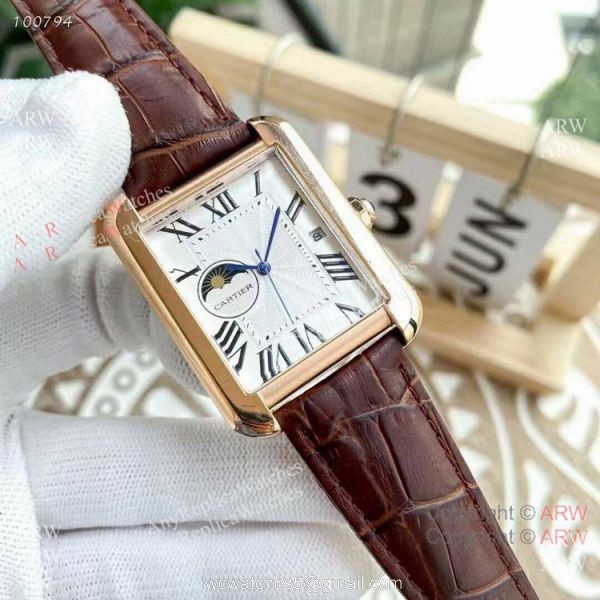 Replica Cartier Tank Moonphase Watches Leather Strap 2