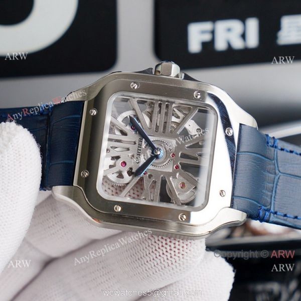 (TW ) Best Skeleton Santos De Cartier Stainless Steel Copy Watch With Blue Leather Band 2
