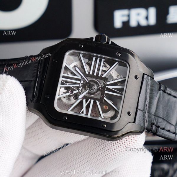 (TW ) Skeleton Santos De Cartier In All Black Leather Strap Watch High End Replica For Men 2