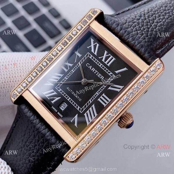 High Quality Replica Rose Gold Cartier Tank Automatic Watch With Diamond Bezel 2