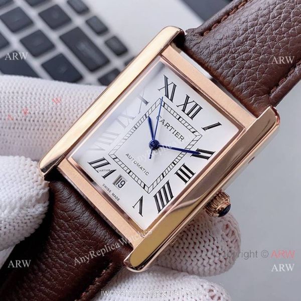 Yellow Gold Cartier Tank Automatic Copy Watch In Black Leather Strap White Dial 2