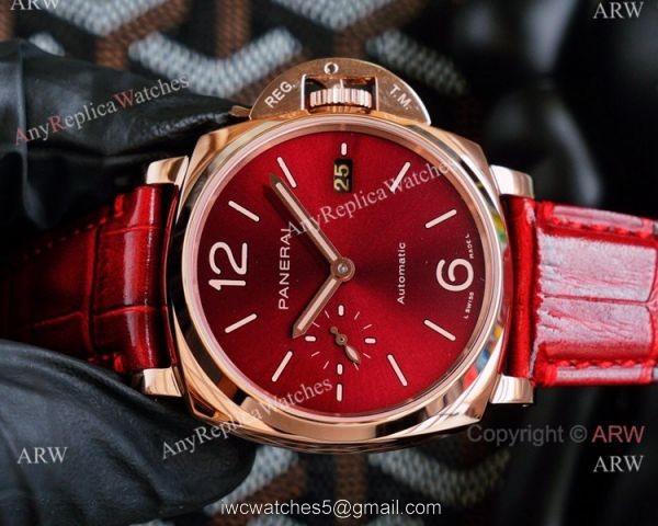 Copy Panerai Luminor Due 42mm Autmatic Watch With A Red Dial Red Leather Strap 2