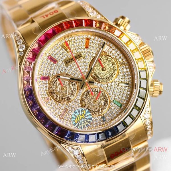2021 NEW! Swiss Copy Rolex Daytona JH 7750 Watch Rainbow Yellow Gold Full Diamond Dial 2