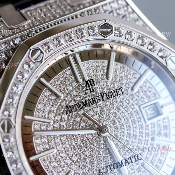 Diamond Audemars Piguet Royal Oak 15400 Watch With Black Leather Strap Best Replica 2
