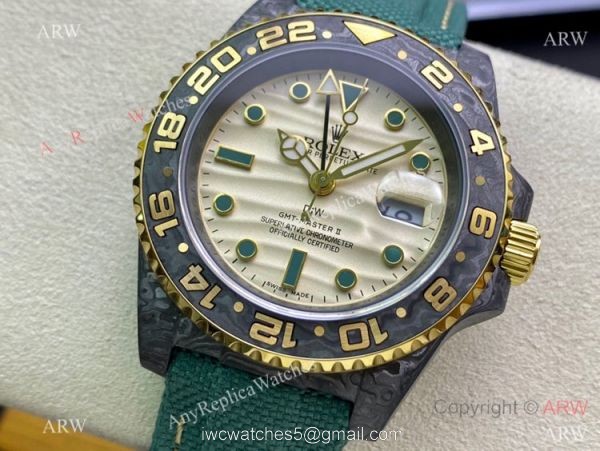 2021 Super Clone Rolex Diw GMT-Master 2 Watch JH Factory Cal.3186 Smoked Yellow Dial Green fabric Leather Strap 2