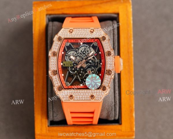 (RM Factory) Knockoff Diamond Richard Mille RM35 01 Rose Gold Watch Red Rubber Band 2