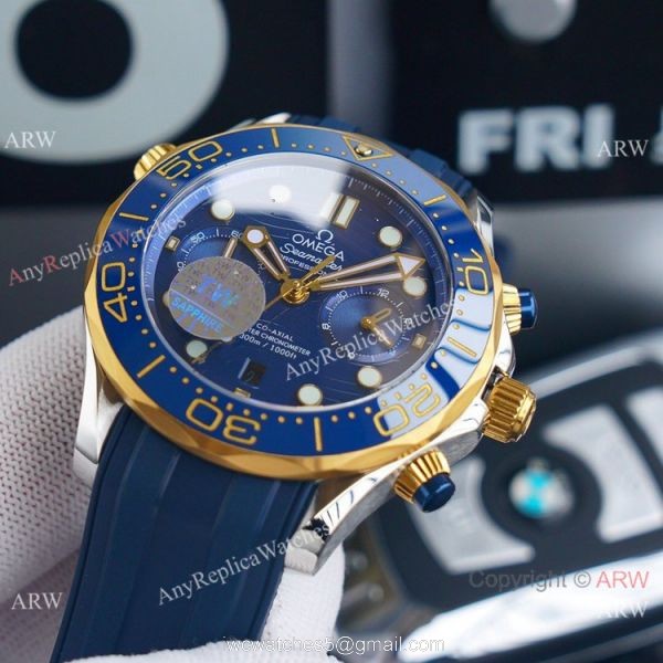 (TW) AAA Replica Omega Seamaster Diver 300m Chronograph Watch Two Tone Blue Dial 2