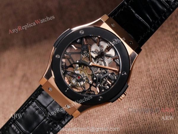 Rose Gold Hublot Classic Fusion Skeleton Tourbillon Black Bezel Watch Best Replica 2