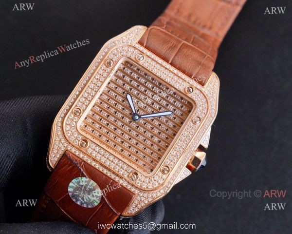 Best Cartier Santos Fully Iced Out Rose Gold Cartier Santos 100 Diamond Watch Replica 2