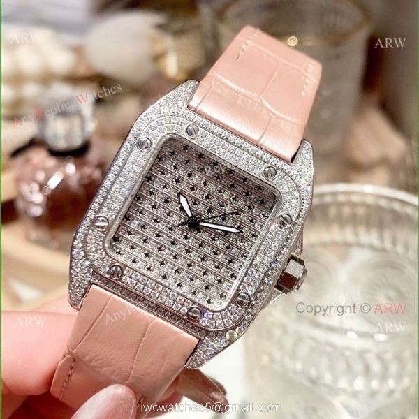 36mm Ladies Cartier Santos 100th Anniversary Full Diamonds Watch Swiss Replica 2