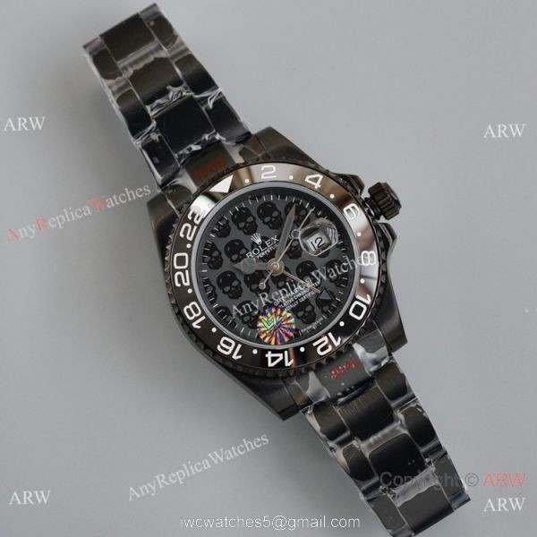 Swiss Copy Rolex Black Blaken GMT-Master II Watch Skull Dial 40mm 2