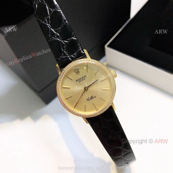 Diamond Rolex Cellini Ladies Leather Strap Yellow Gold Watch Replica 2