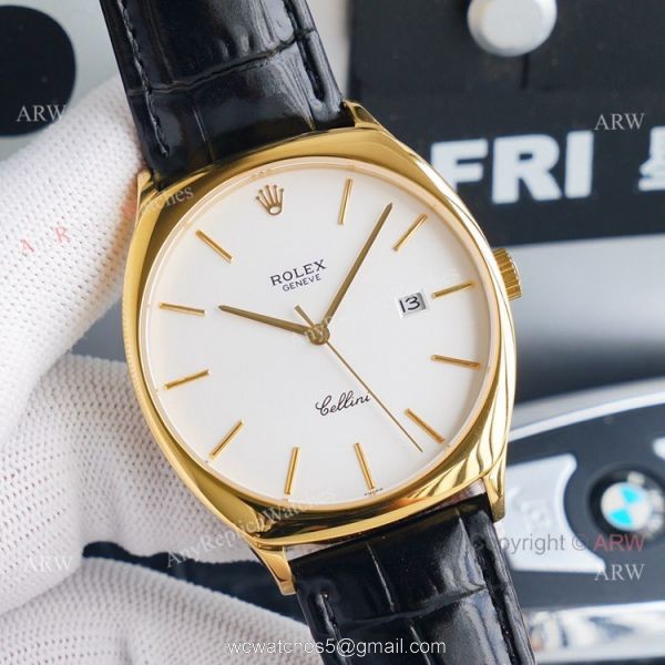 Yellow Gold Rolex Cellini Black Dial Brown Leather Strap Replica Watch 2