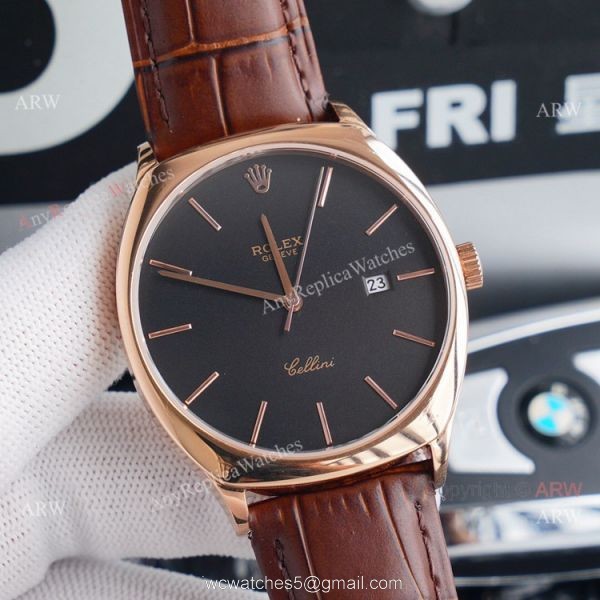 Stainless Steel Rolex Cellini Black Dial Black Leather Strap Replica Watch 2