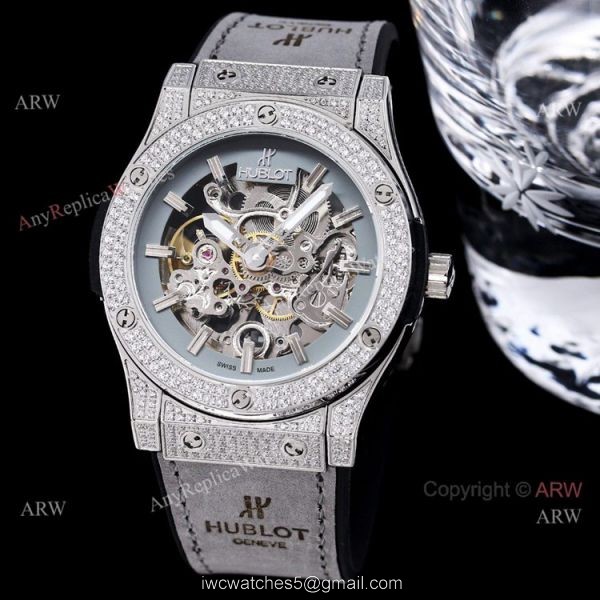 Replica Hublot Big Bang 45mm Skeleton Watch With Diamonds Blue Rubber Band For Men 2